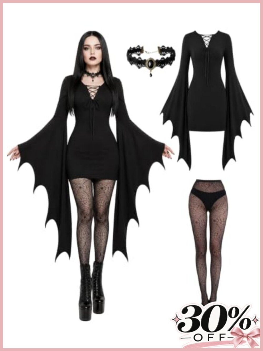 Gothic Witch Halloween Costume Dress with Lace Up, Long Sleeves, Necklace
